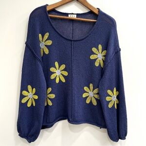 POL Blue Bold Retro Yellow Daisy Flower Sweater Oversized Boxy Size Medium